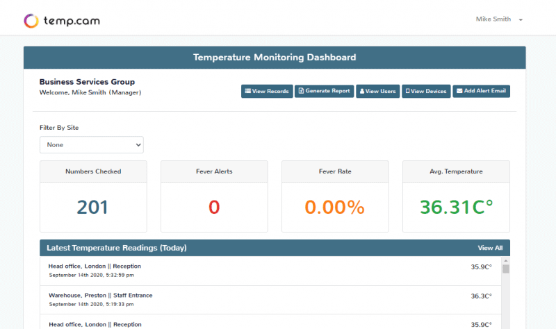 monitor.temp.cam monitoring dashboard from desktop showing number of temperature check, normal temperature, high temperature